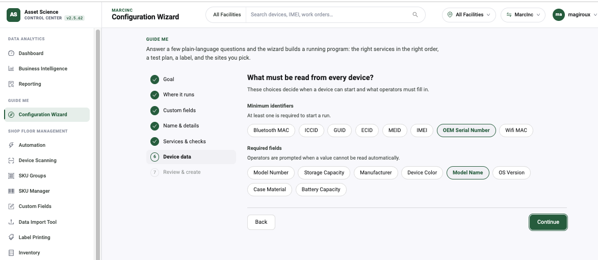 Configuration wizard step asking what must be read from every device, showing minimum identifier chips and required field chips.