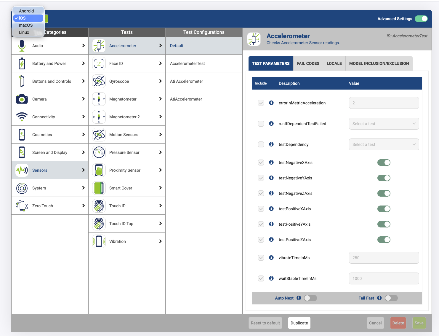 Test configuration screen with the platform dropdown open, showing Android, iOS, macOS and Linux.
