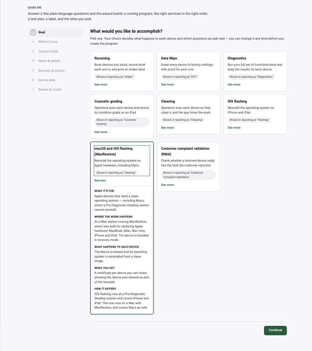 Configuration wizard step one, asking what you would like to accomplish, with eight plain-language program goals and the Mac Restore card expanded.