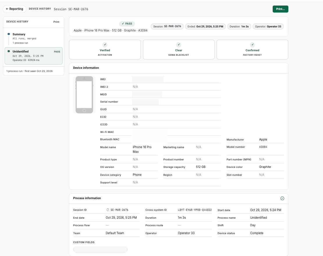 Device history showing three green certificate tiles for activation verified, GSMA clear and factory reset confirmed, alongside the device identifier block and process information.