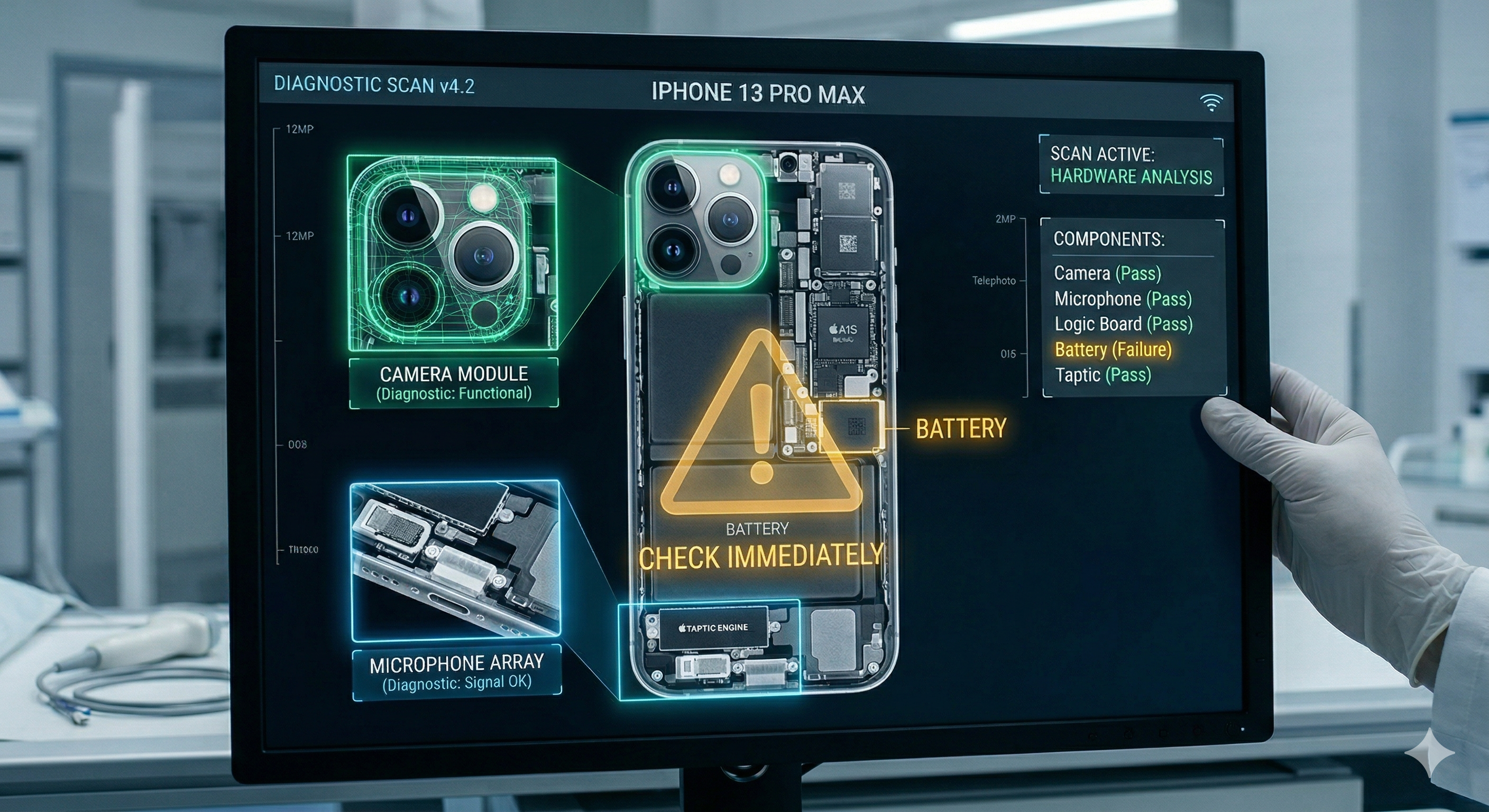 Advanced hardware diagnostic scan analyzing an iPhone's internal components — camera, microphone, logic board, battery, and taptic engine