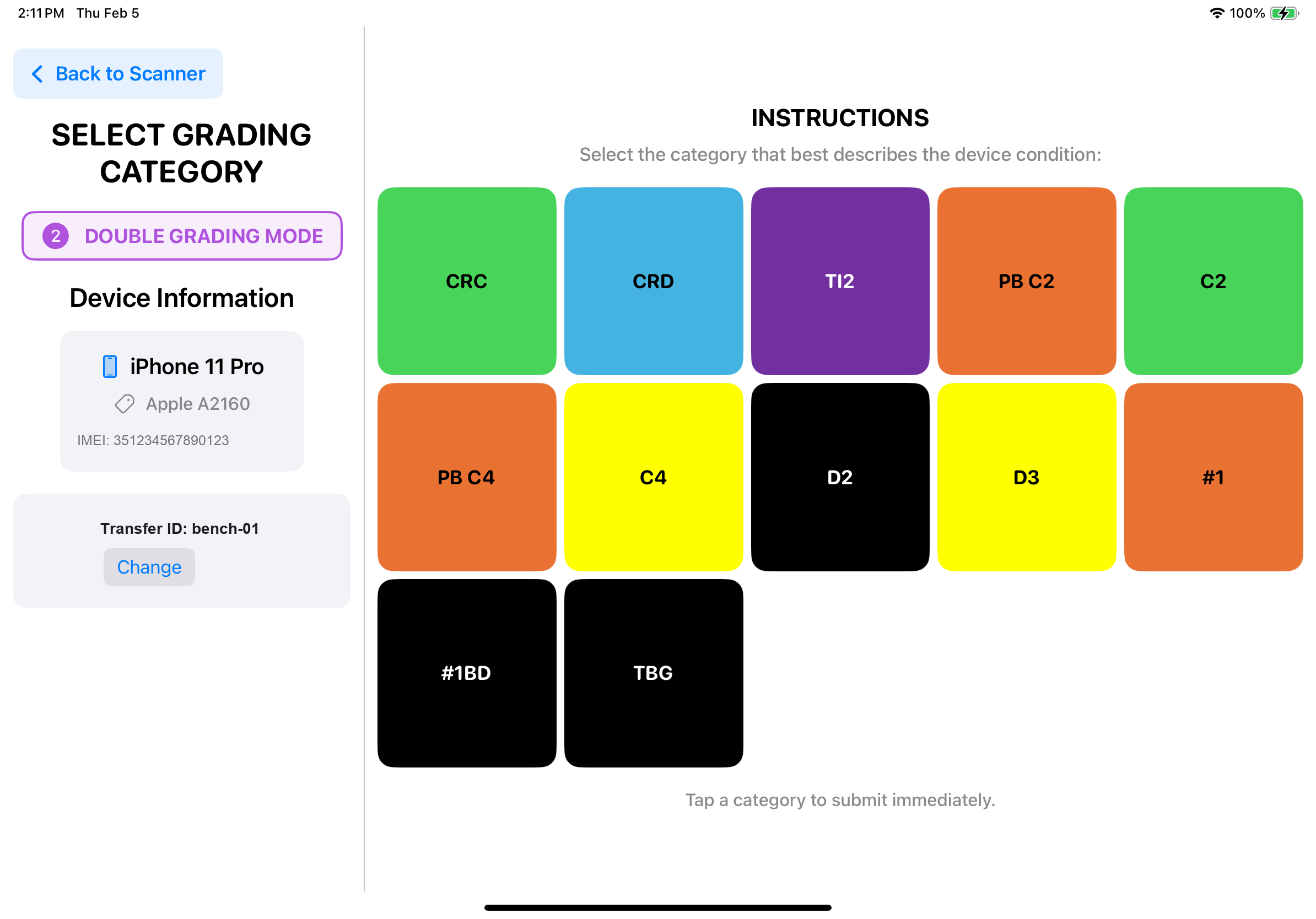 The grading app on a tablet: a device information panel showing model, part number and IMEI beside a grid of colour-coded grading categories, with double grading mode active and a transfer ID.