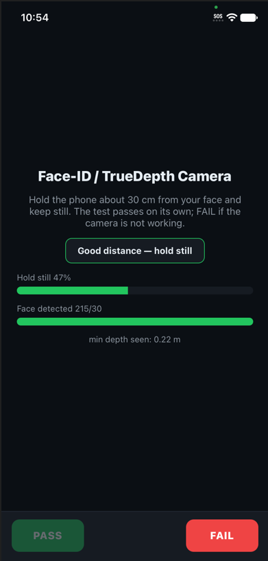 Face ID and TrueDepth camera guided test in progress, showing live progress bars for hold-still percentage, faces detected, and minimum depth seen, with a pass and fail footer.