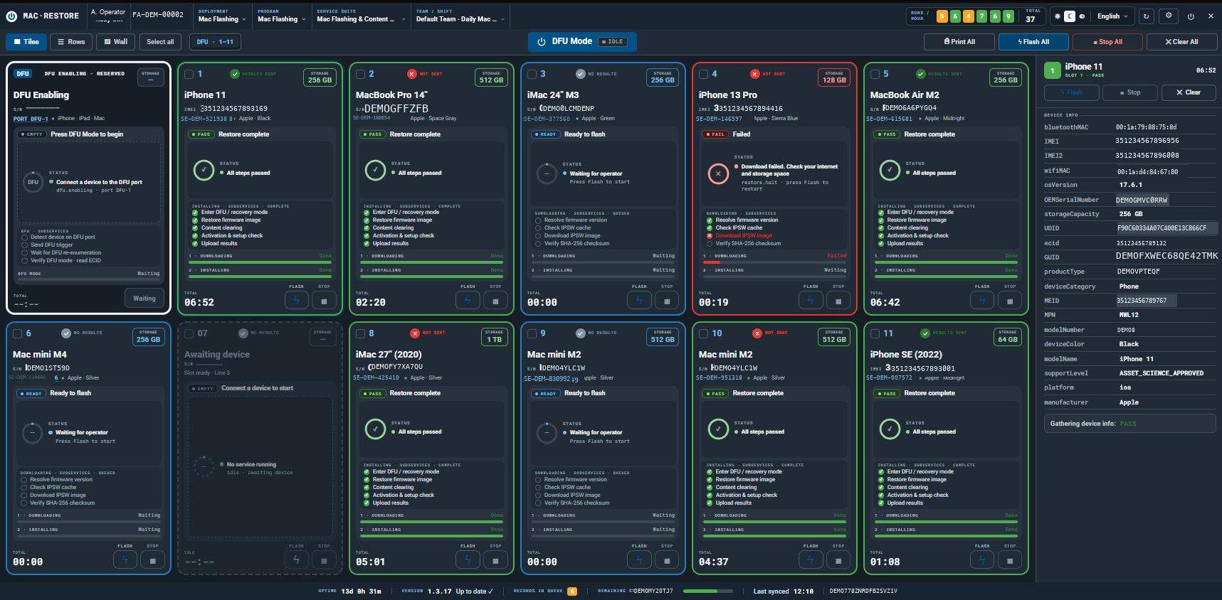 Mac Restore tiles view in dark mode: a DFU enabling panel beside eleven device slots, each showing the restore step checklist — enter DFU, restore firmware, content clearing, activation and setup check, verify SHA-256, upload results — with a device information rail on the right.