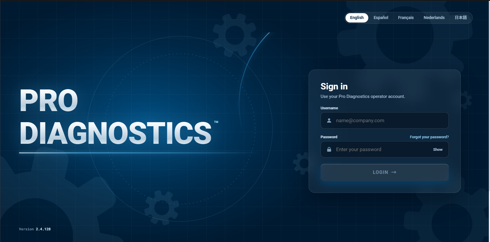 Pro-Diagnostics Desktop sign-in screen with an email and password form, a language selector offering five languages, and the version number in the corner.