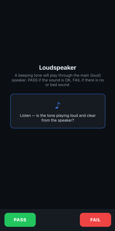 Loudspeaker guided test showing the operator instruction, an audio prompt card, and pass and fail buttons.