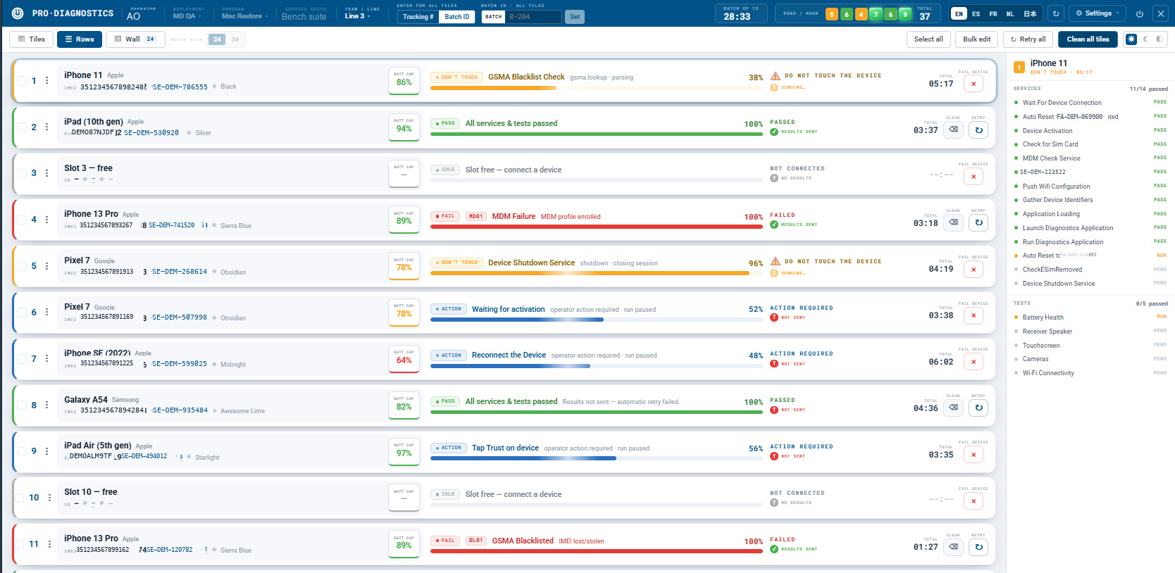 Pro-Diagnostics Desktop rows view: one dense line per slot with device, identifiers, battery cap, current service, progress bar, result state and elapsed time.
