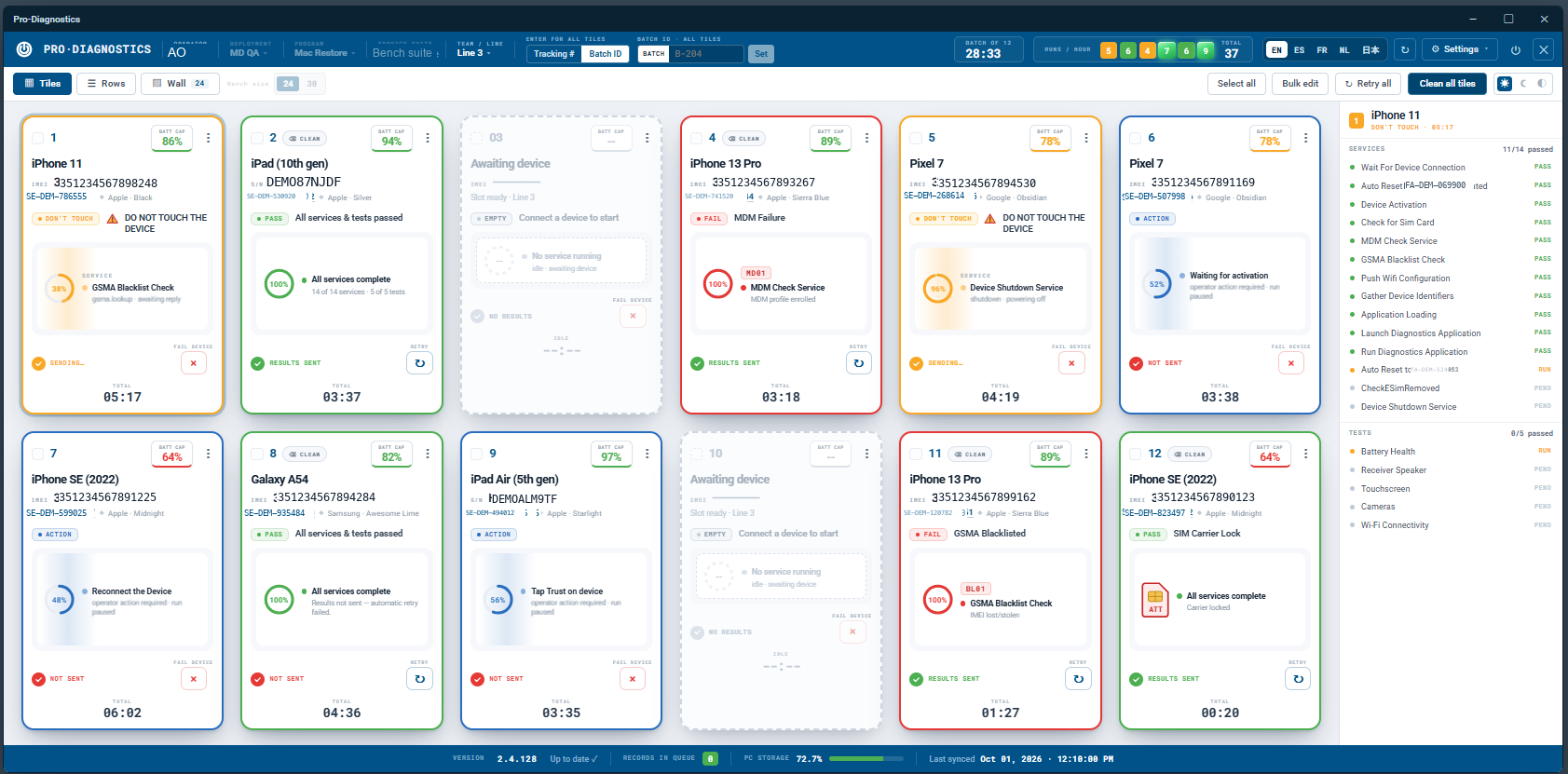 Pro-Diagnostics Desktop tiles view: twelve device slots, each card showing the device, its service state, battery cap, retry controls and elapsed time, with a right-hand rail listing every service and test for the selected unit.