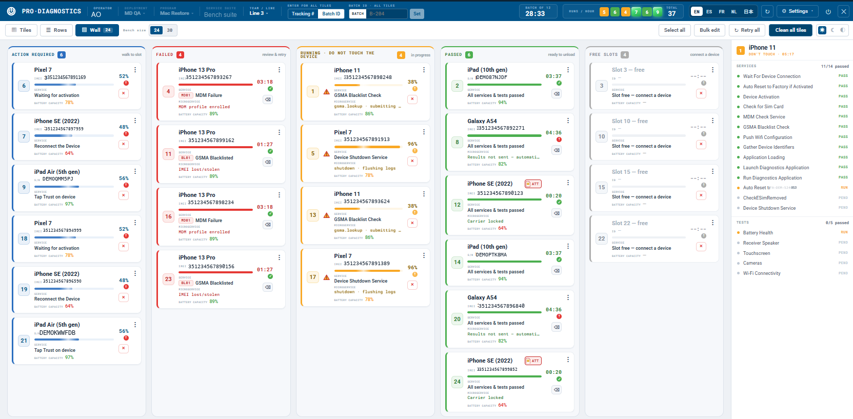 Pro-Diagnostics Desktop wall view as a kanban board with columns for action required, failed, running, passed and free slots, each card naming its service and failure reason.