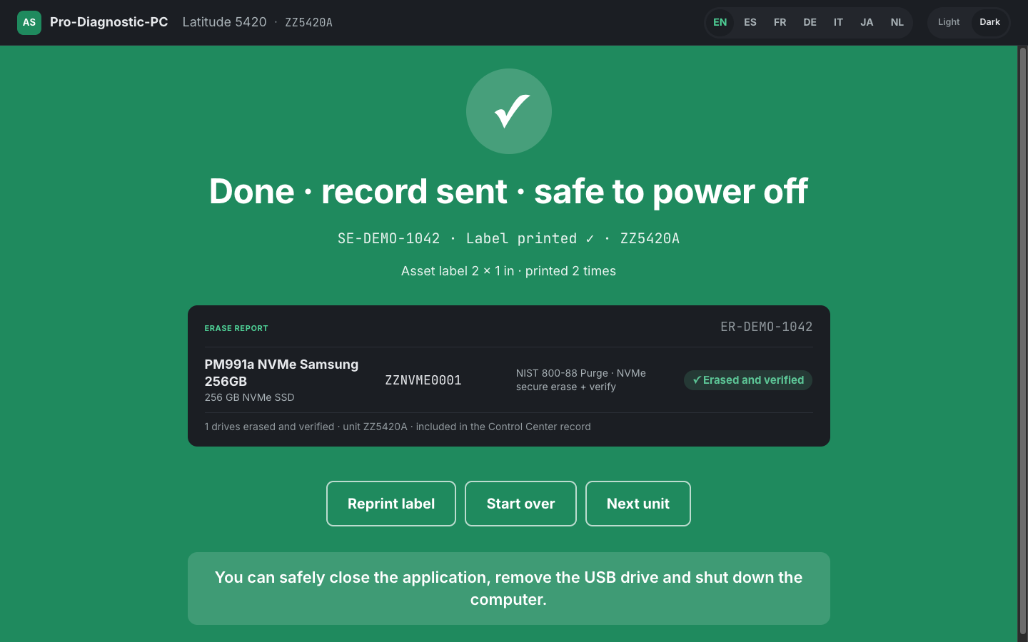 Done screen showing the record sent, safe to power off, with the NIST 800-88 erase report for each drive.
