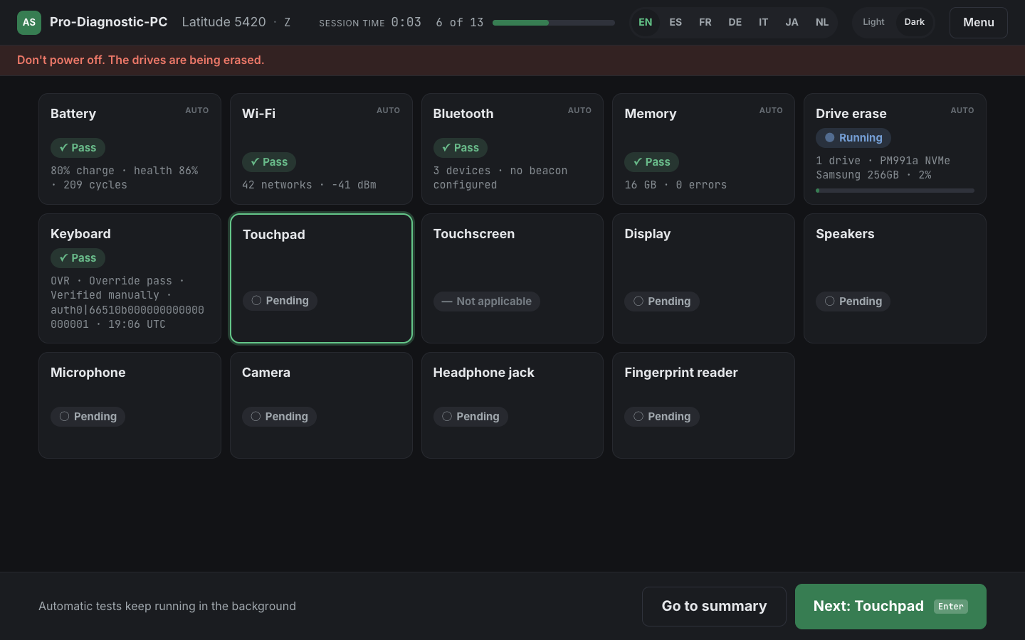 Run dashboard showing automatic tests reporting their own results alongside the guided tests still to do, with the drive erase running in the background.