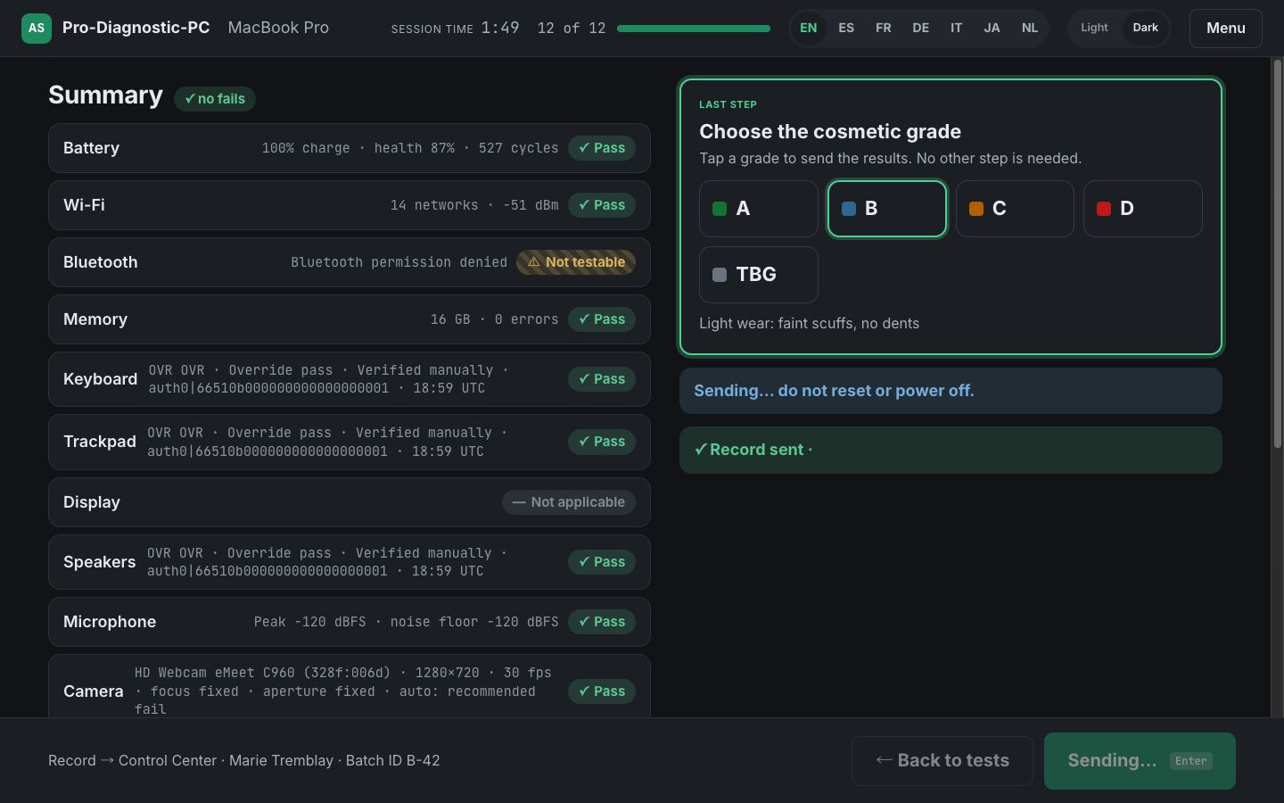 Summary screen reading 'no fails', with every test result listed, beside a cosmetic grade picker offering A, B, C, D and TBG and the record confirmed as sent.