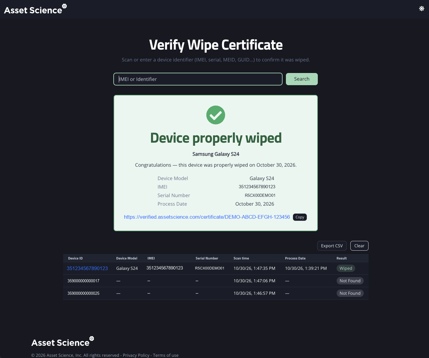 The public Verify Wipe Certificate page with an identifier search box, a result card reading Device properly wiped, a shareable certificate link, and a scanned batch table with an export button.